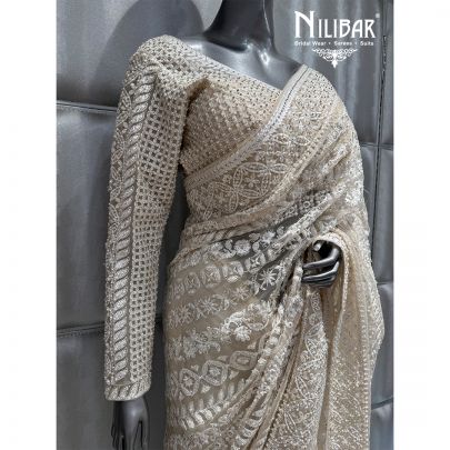 Cream Net Embroidered Saree