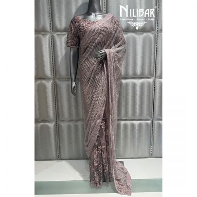 Onion Pink Net Embroidered Saree