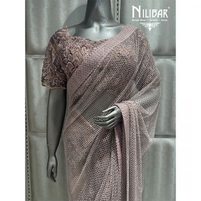 Onion Pink Net Embroidered Saree