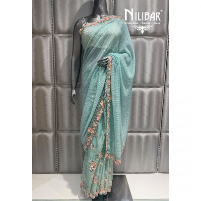 Sea Blue Organza Net Embroidered Saree