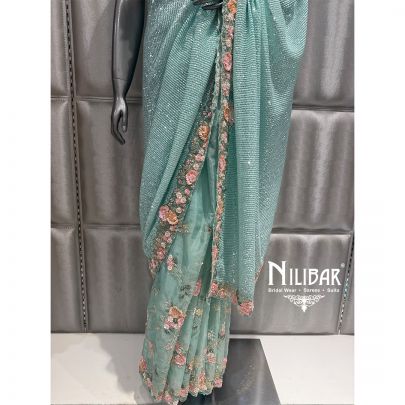 Sea Blue Organza Net Embroidered Saree