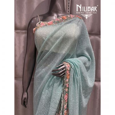 Sea Blue Organza Net Embroidered Saree