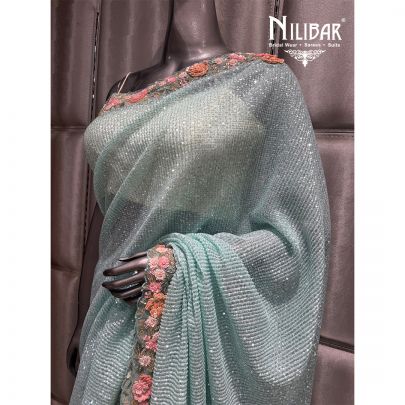 Sea Blue Organza Net Embroidered Saree