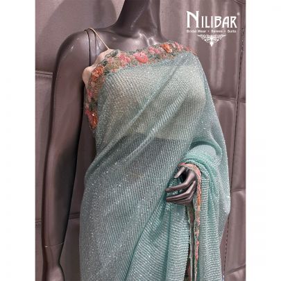Sea Blue Organza Net Embroidered Saree