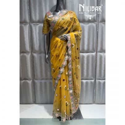 Yellow Net Embroidered Saree