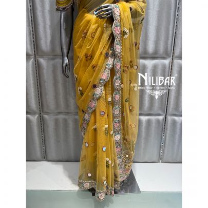 Yellow Net Embroidered Saree
