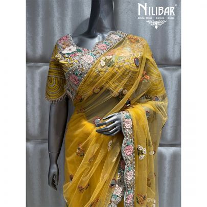 Yellow Net Embroidered Saree