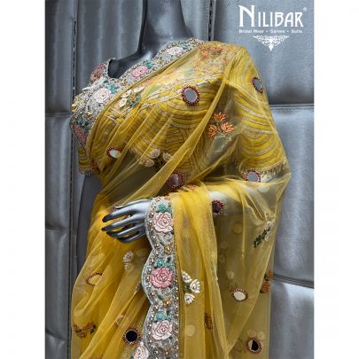 Yellow Net Embroidered Saree