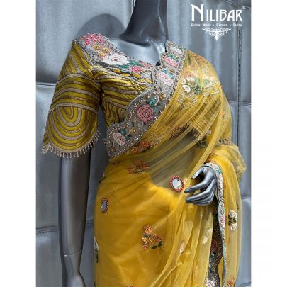Yellow Net Embroidered Saree