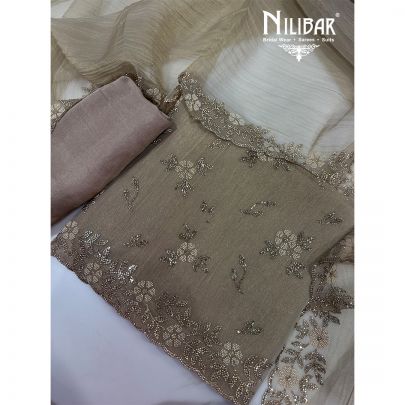 Beige Crepe & Crush Tissue Unstitched Suit