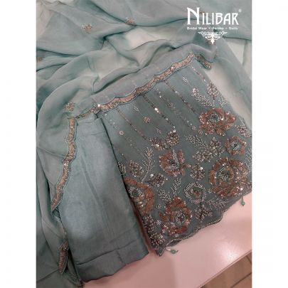 Ice Blue Organza & Silk Unstitched Suit
