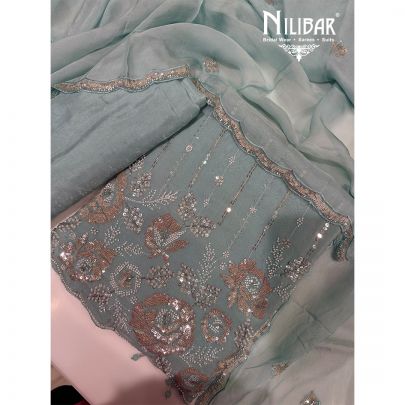 Ice Blue Organza & Silk Unstitched Suit