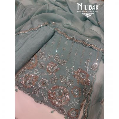 Ice Blue Organza & Silk Unstitched Suit