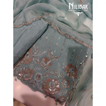 Ice Blue Organza & Silk Unstitched Suit