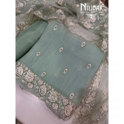 Sea Green Organza & Silk Unstitched Suit