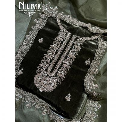 Olive Green Velvet Unstitched Suit