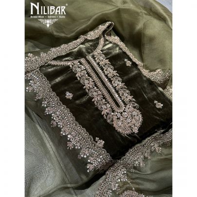 Olive Green Velvet Unstitched Suit