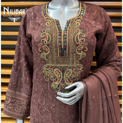 Coffee Jacquard Silk Co-ord Set Paired With Chiffon Dupatta