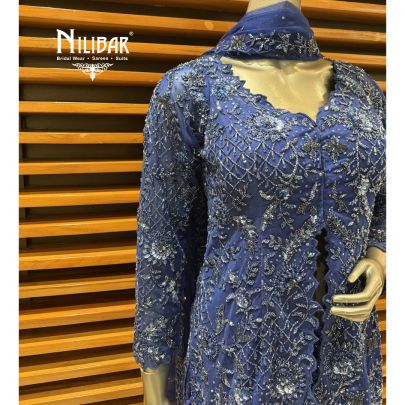 Royal Blue Georgette Embroidered Sharara Suit Set