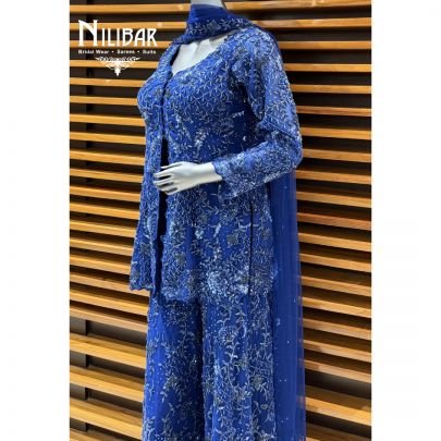 Royal Blue Georgette Embroidered Sharara Suit Set