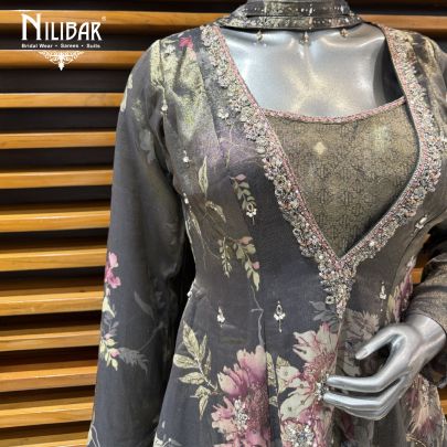 Grey Organza Floral Printed Kurta Paired With Brocade Palazzo Suit Set