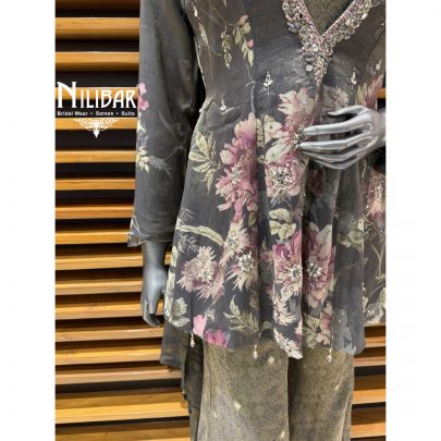 Grey Organza Floral Printed Kurta Paired With Brocade Palazzo Suit Set