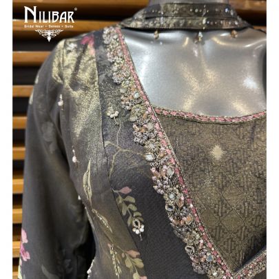 Grey Organza Floral Printed Kurta Paired With Brocade Palazzo Suit Set