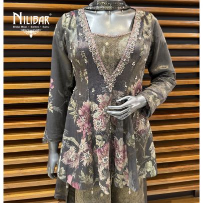 Grey Organza Floral Printed Kurta Paired With Brocade Palazzo Suit Set