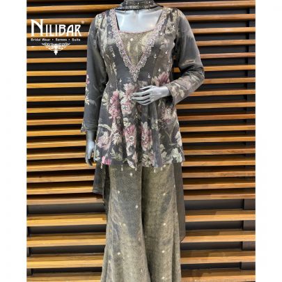 Grey Organza Floral Printed Kurta Paired With Brocade Palazzo Suit Set