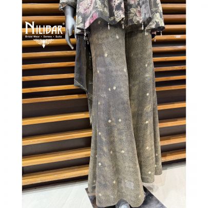 Grey Organza Floral Printed Kurta Paired With Brocade Palazzo Suit Set