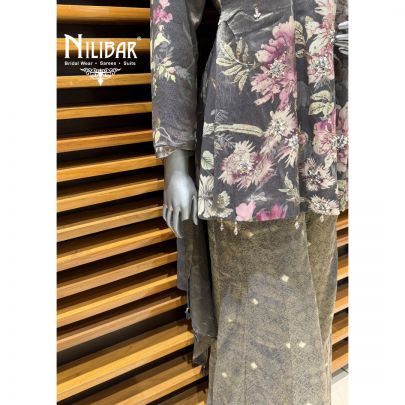 Grey Organza Floral Printed Kurta Paired With Brocade Palazzo Suit Set
