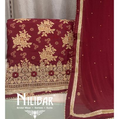 Maroon Brocade Silk Unstitched Suit