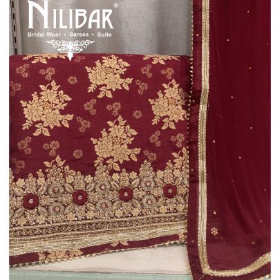 Maroon Brocade Silk Unstitched Suit