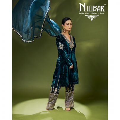 Turquoise Velvet Embroidered Suit