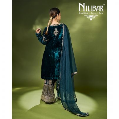 Turquoise Velvet Embroidered Suit