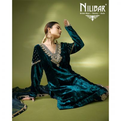 Turquoise Velvet Embroidered Suit
