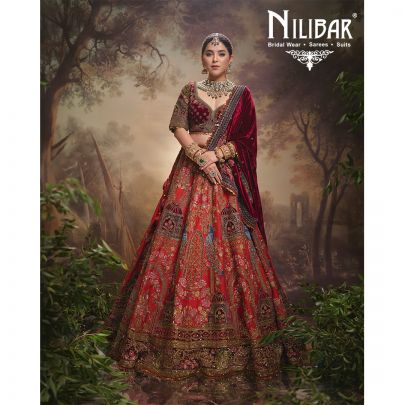 Red Mehroon Velvet And Net Bridal Lehenga