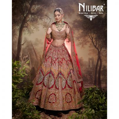 Orange And Mehroon Velvet & Silk Bridal Lehenga