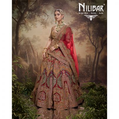 Orange And Mehroon Velvet & Silk Bridal Lehenga