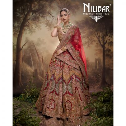 Orange And Mehroon Velvet & Silk Bridal Lehenga