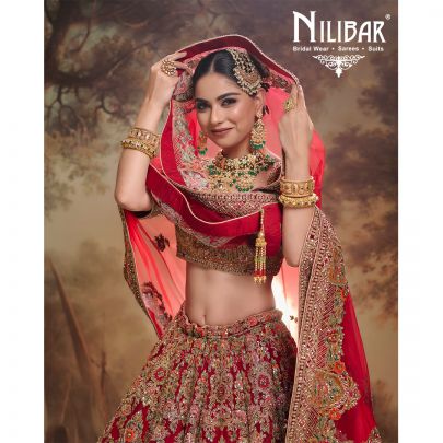 Orange And Mehroon Velvet & Silk Bridal Lehenga