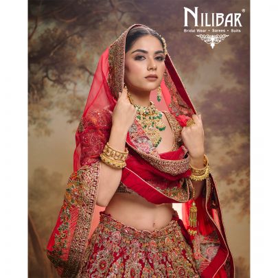 Orange And Mehroon Velvet & Silk Bridal Lehenga