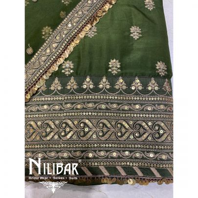 Mehandi Green Dupion Net Silk Unstitched Suit