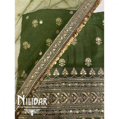 Mehandi Green Dupion Net Silk Unstitched Suit