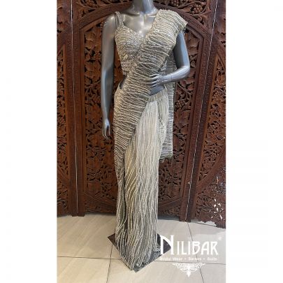 Mehandi Net Draped Saree