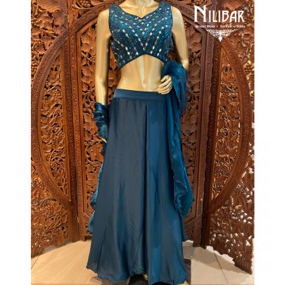 Peacock Blue Satin Palazzo Suit