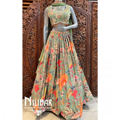 Olive Green Crepe Printed Casual Lehenga