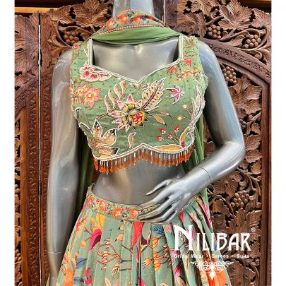 Olive Green Crepe Printed Casual Lehenga