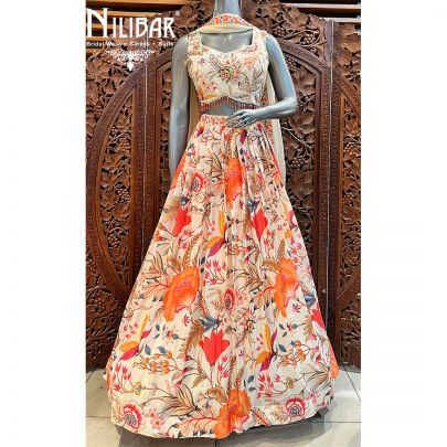 White Crepe Printed Casual Lehenga