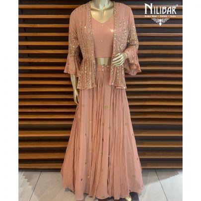 Peach Chinon Jacket Style Lehenga